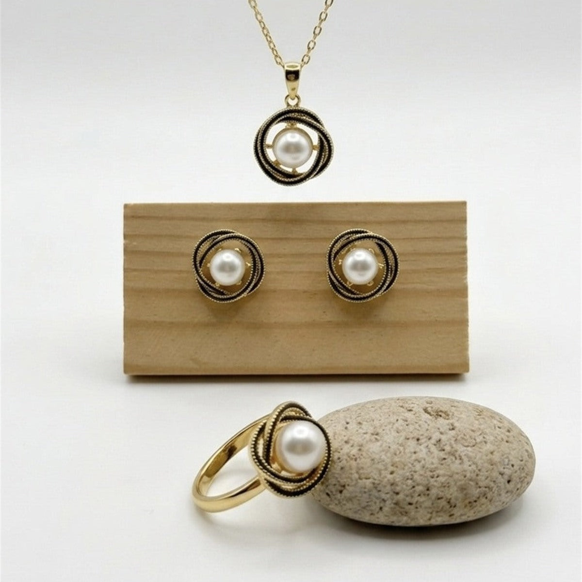 Freshwater pearl love knot set with necklace, earrings and ring