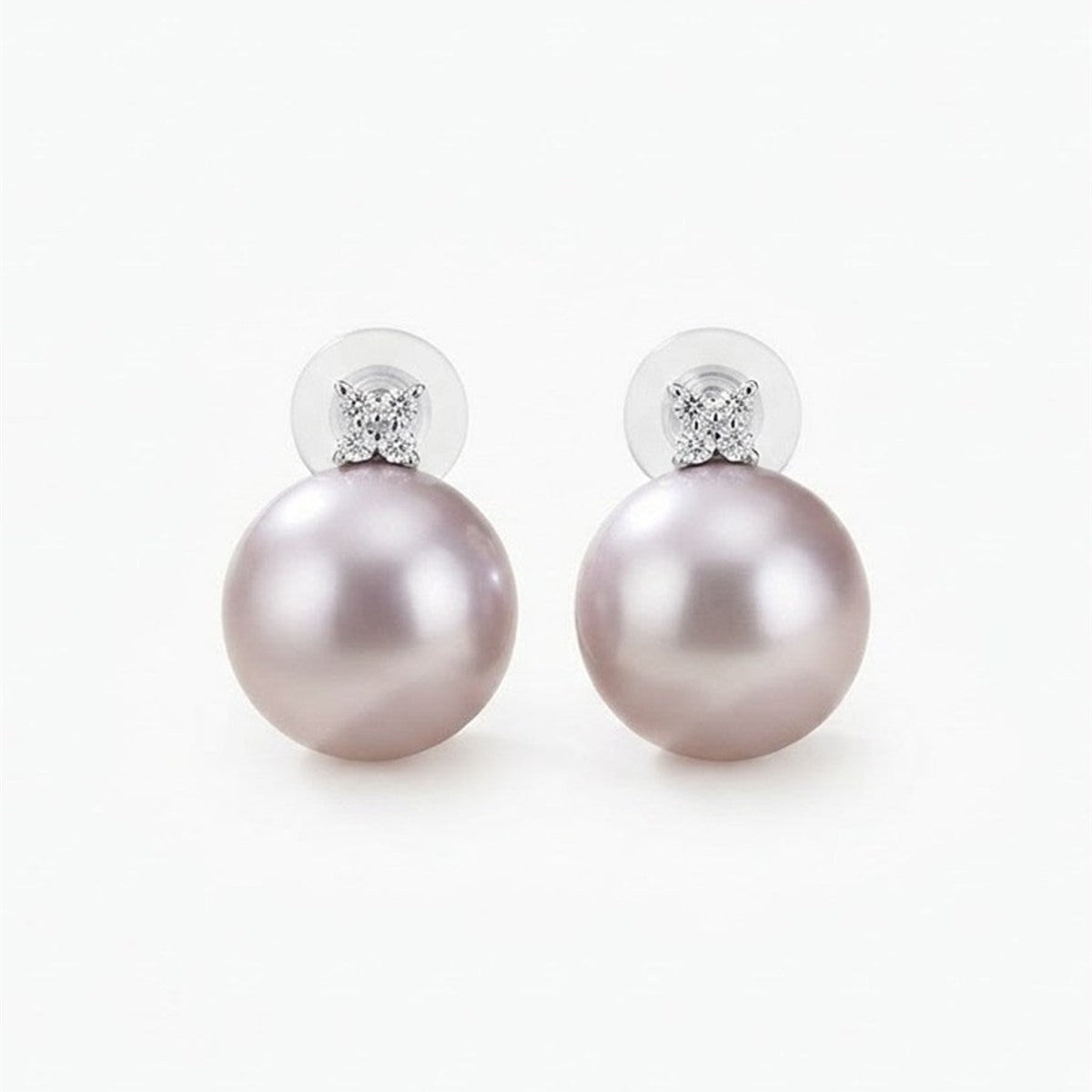 Large lavender pearl stud earrings with sparkling clusters
