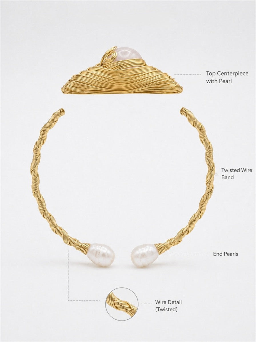 Twisted gold wire pearl cuff diagram showing pearl centrepiece, twisted band and pearl ends
