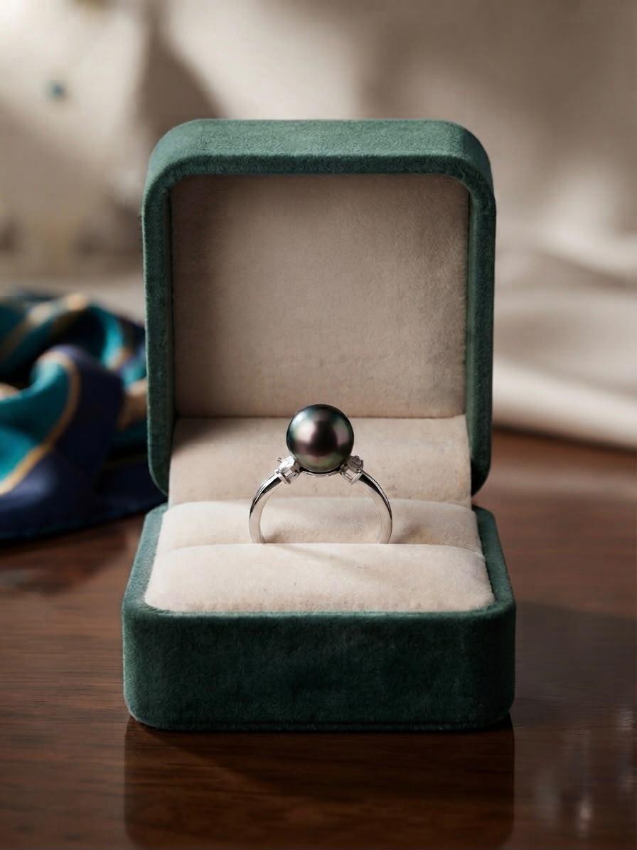 Tahitian pearl ring with sparkling side stones in a green velvet box