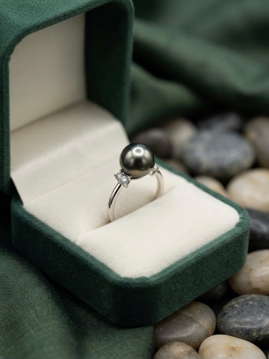 Close-up of Tahitian pearl ring in a green velvet box