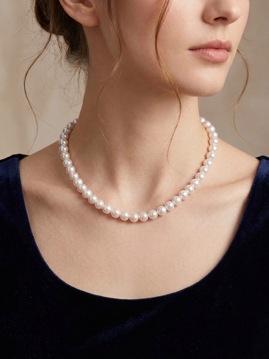 Classic white Akoya pearl necklace worn at the collarbone