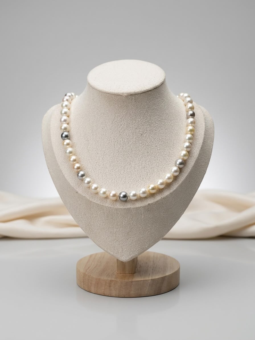 Multicolour Akoya pearl necklace on a display bust
