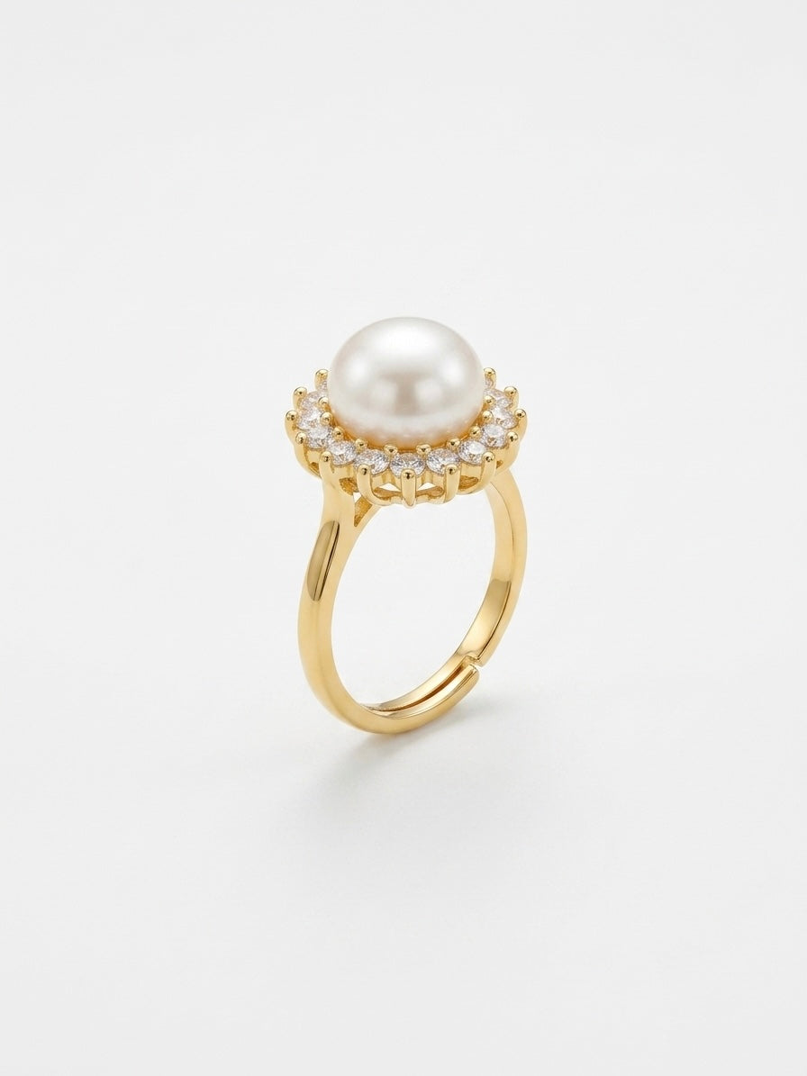 Freshwater pearl halo ring with adjustable gold-tone band