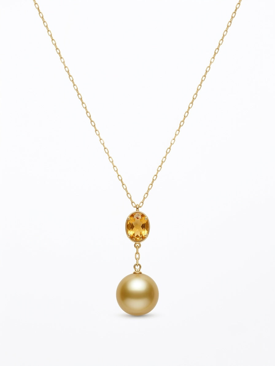 Golden South Sea pearl pendant with oval citrine on an 18k gold chain
