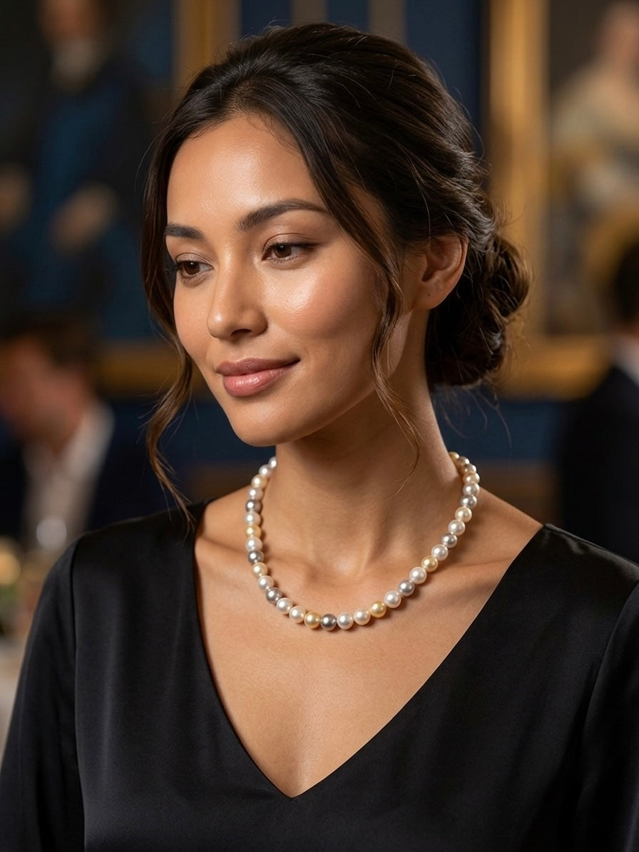 Multicolour Akoya pearl necklace worn with a black dress