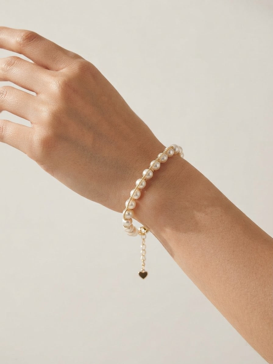 Freshwater pearl chain bracelet worn on the wrist