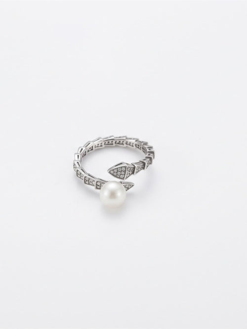 Akoya pearl sparkling scale wrap ring in silver on white background