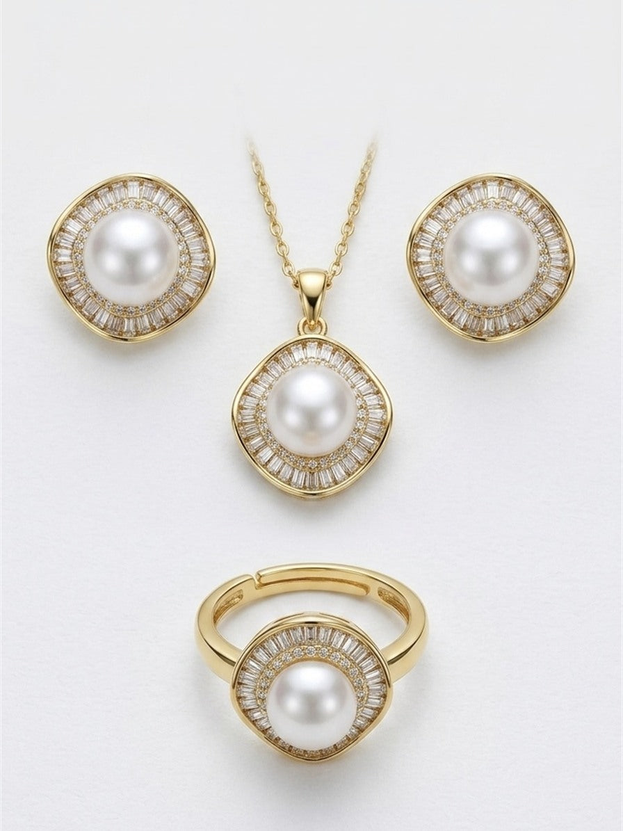 Baguette halo freshwater pearl set in gold tone: stud earrings, pendant necklace and ring