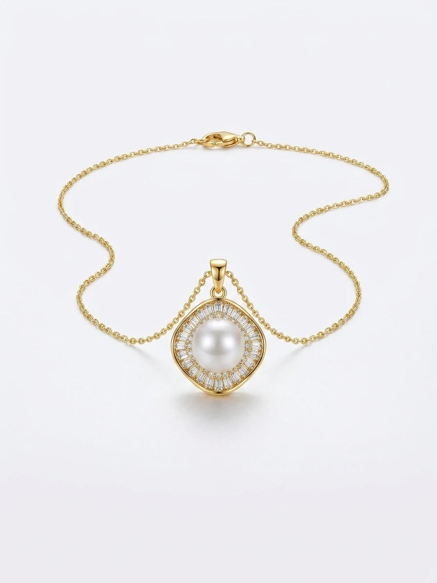 Baguette halo freshwater pearl pendant necklace in gold tone