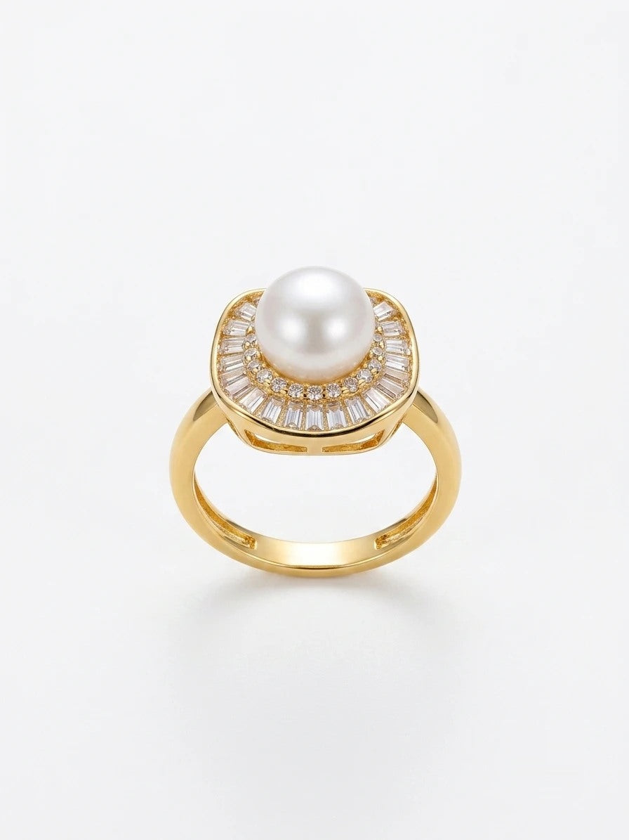 Baguette halo freshwater pearl ring in gold tone