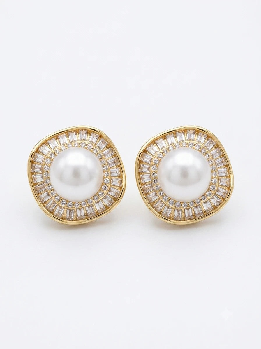 Baguette halo freshwater pearl stud earrings in gold tone