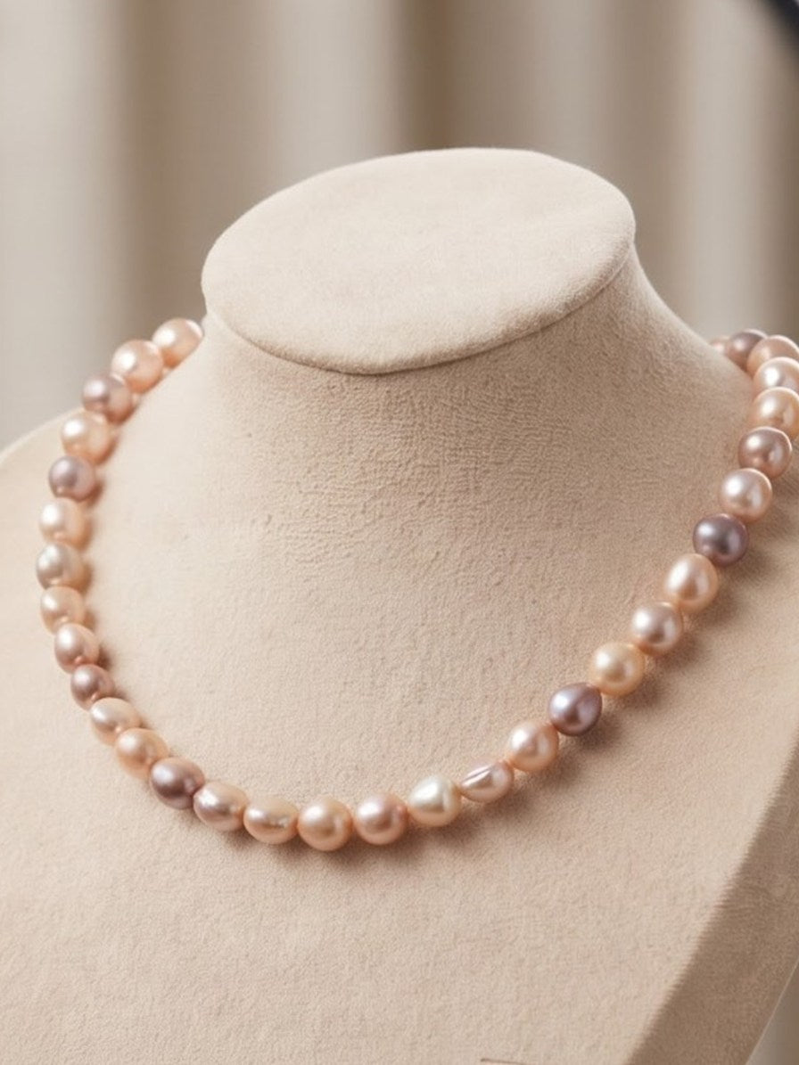 Pastel baroque pearl necklace on a suede display bust
