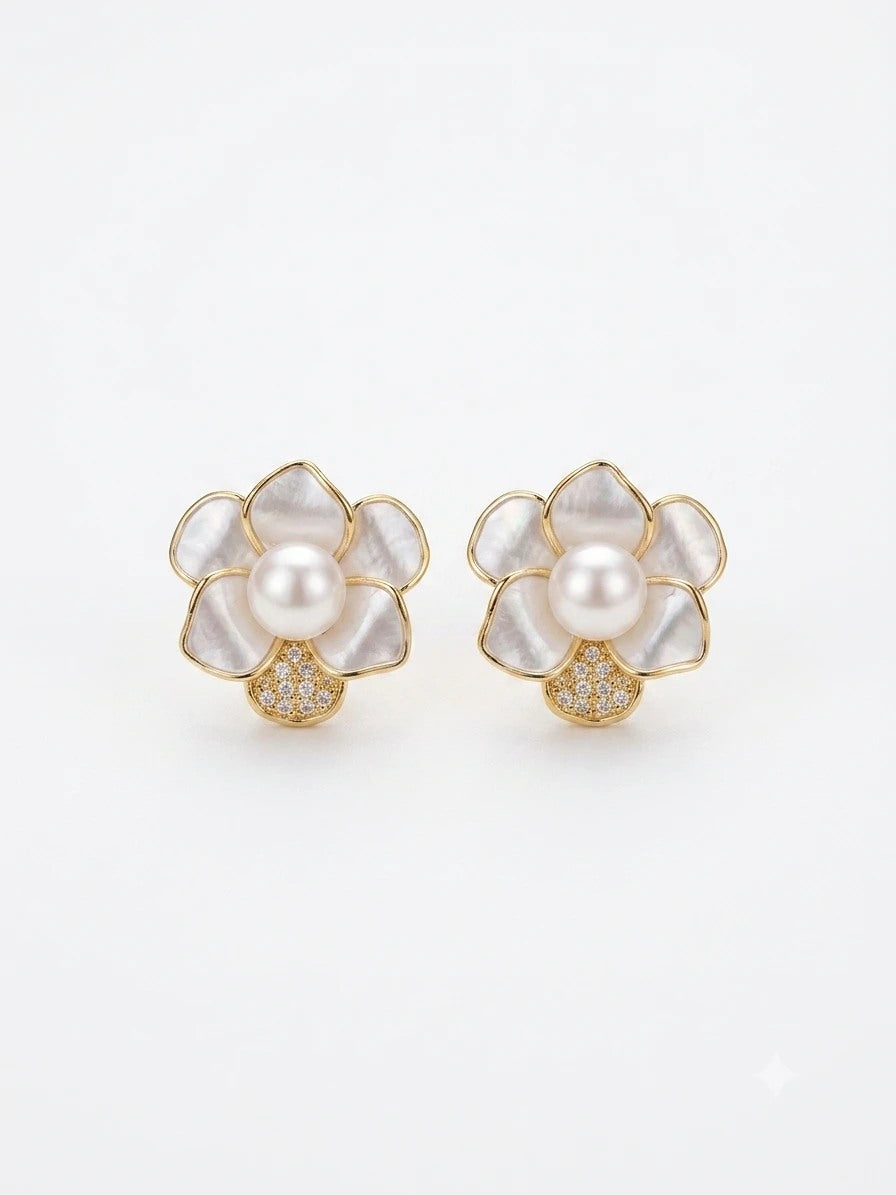 Gold-tone camellia stud earrings with freshwater pearl centres