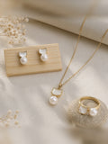 Cat freshwater pearl necklace, earrings and ring set with white inlay in gold-tone stainless steel