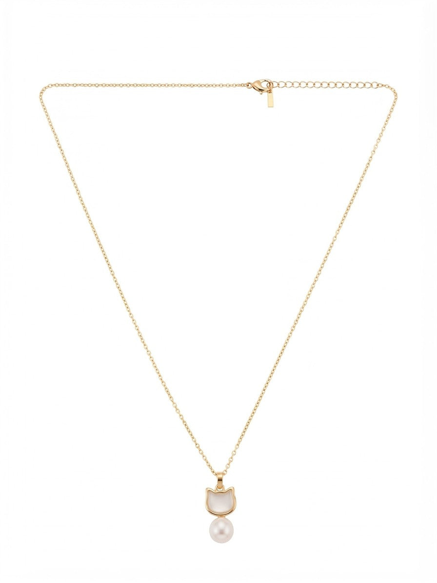 Gold-tone cat pendant necklace with white inlay and freshwater pearl
