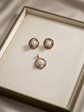 Vintage star enamel freshwater pearl set: stud earrings and pendant in a gift tray