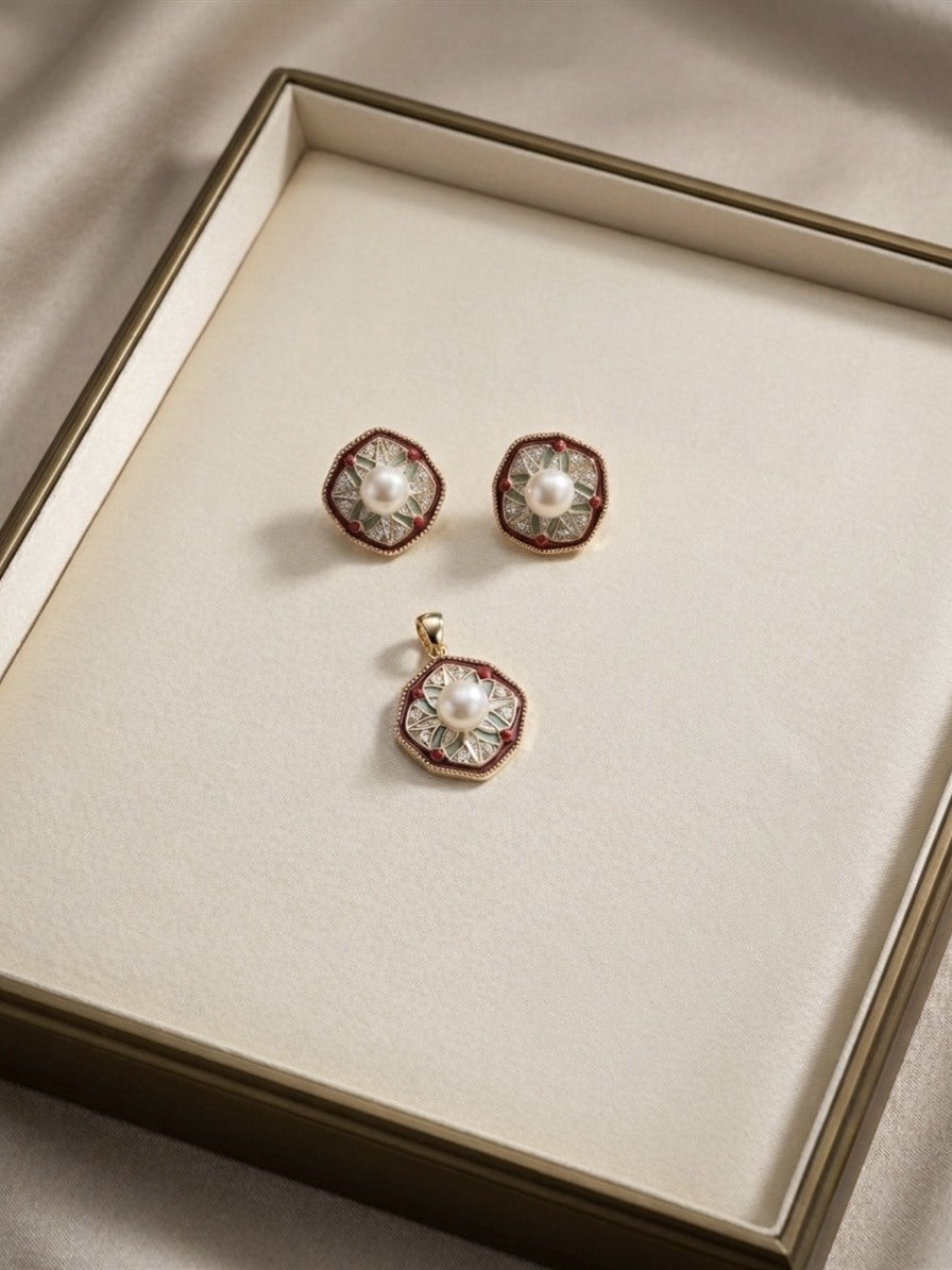 Vintage star enamel freshwater pearl set: stud earrings and pendant in a gift tray