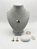 Ginkgo leaf freshwater pearl necklace and earrings set in gold-tone stainless steel