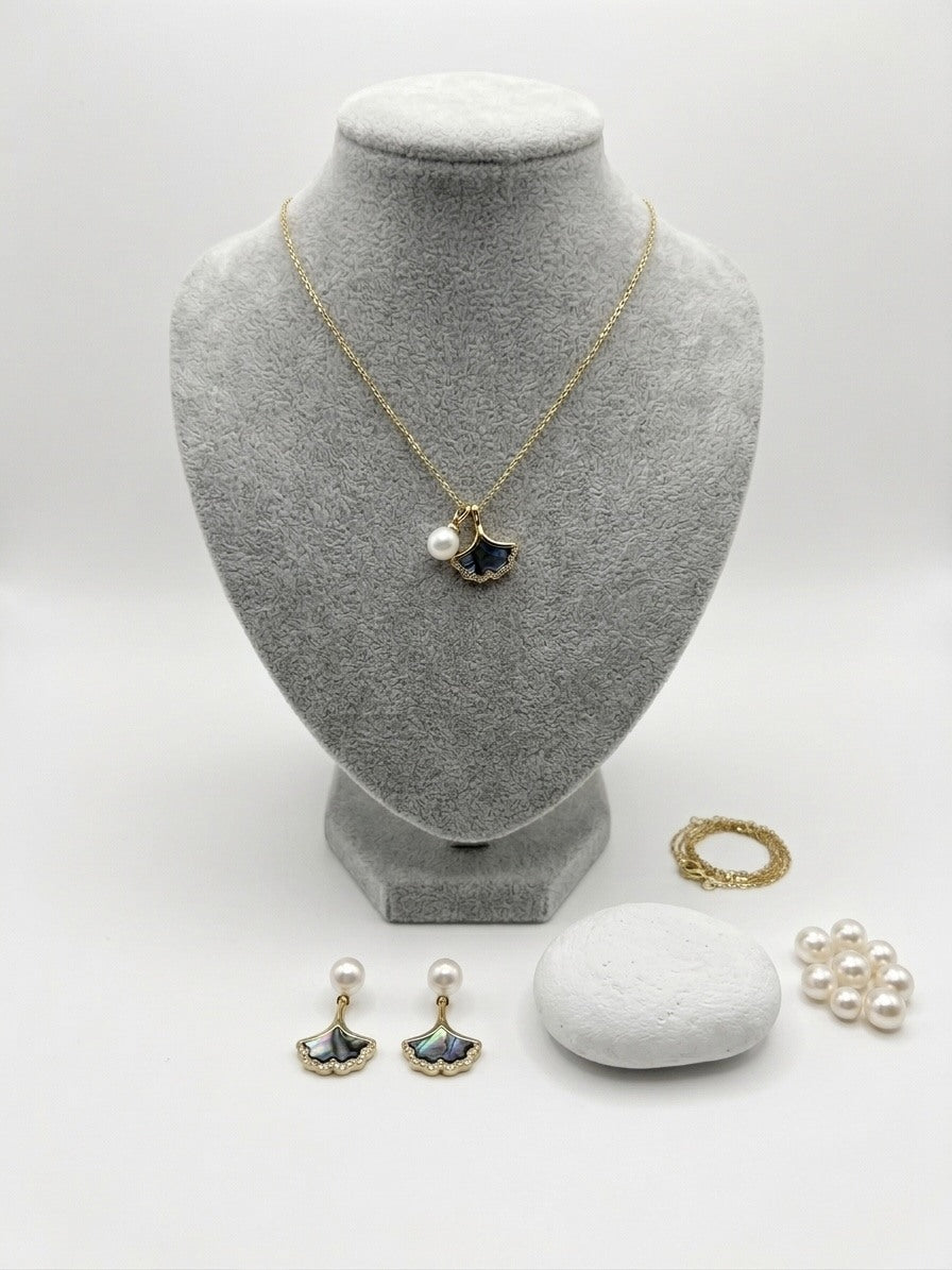 Ginkgo leaf freshwater pearl necklace and earrings set in gold-tone stainless steel