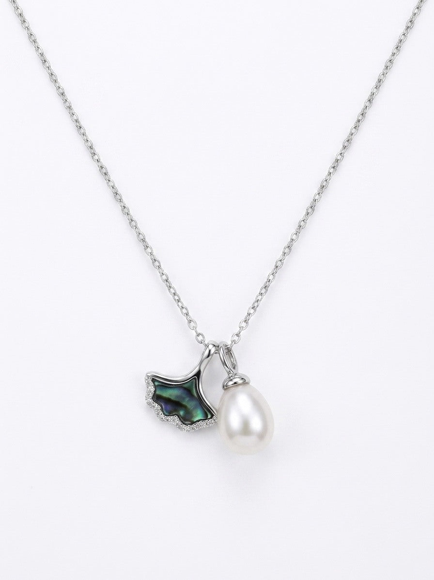 Silver-tone ginkgo leaf freshwater pearl pendant necklace