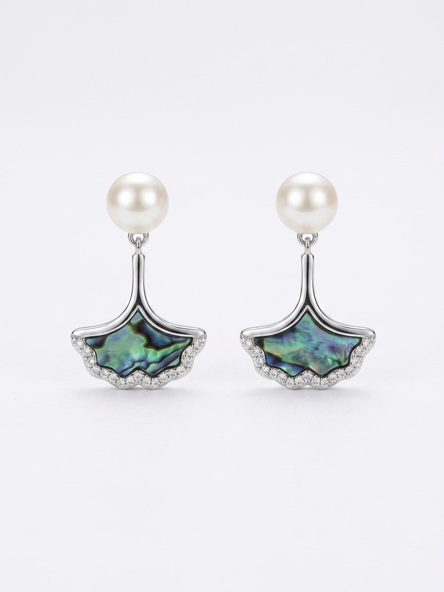 Silver-tone ginkgo leaf freshwater pearl earrings