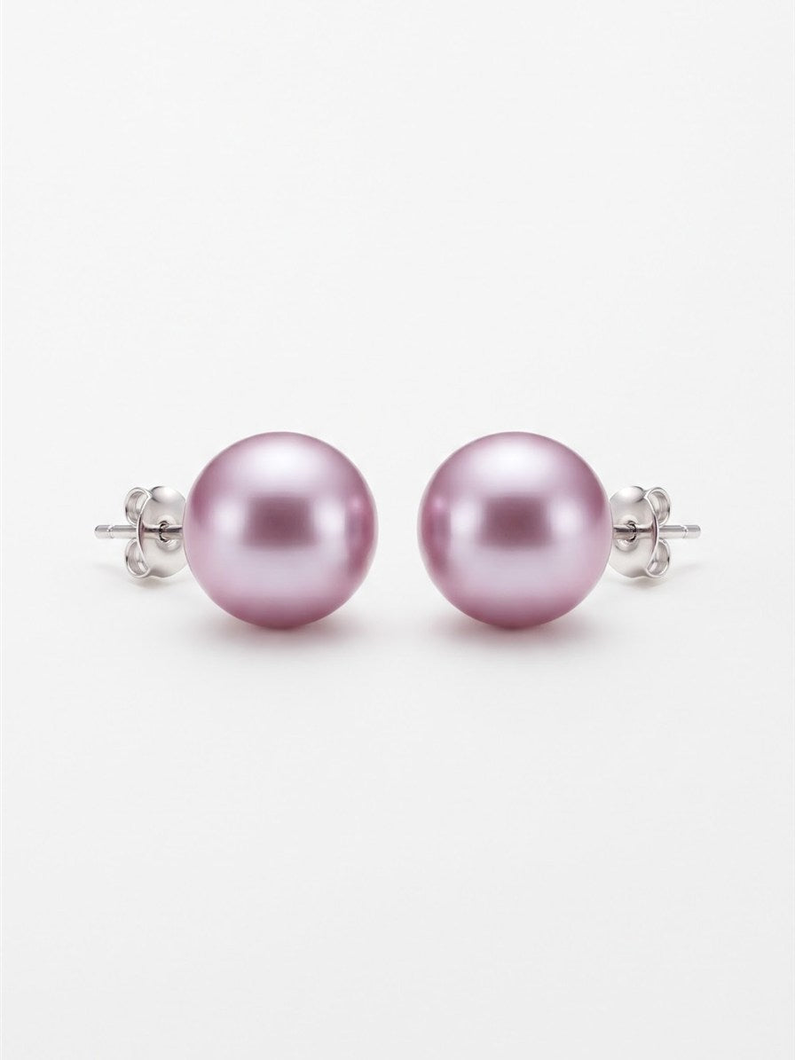 Large 18mm lavender pearl stud earrings on white background