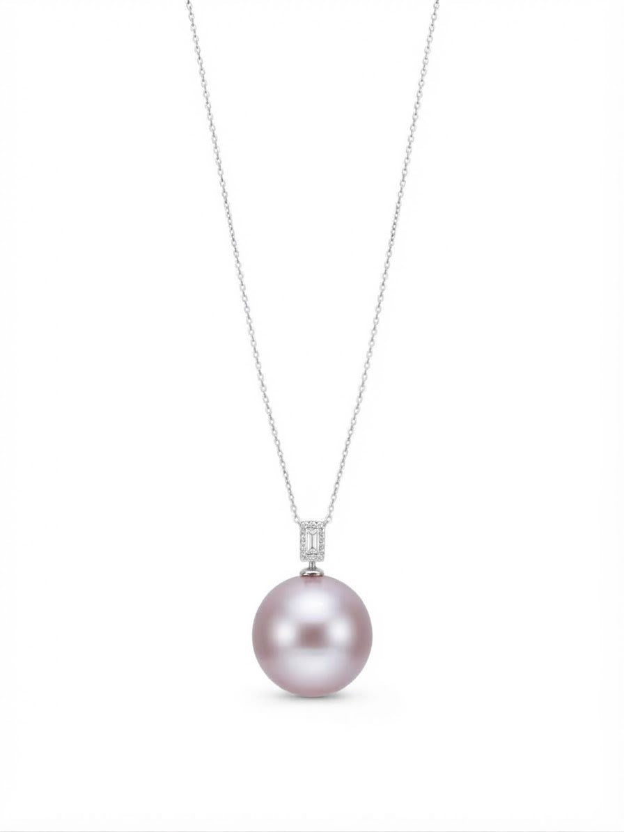 Large lavender pearl pendant with baguette halo bail on white background