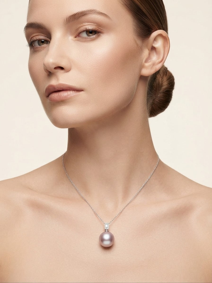 Large lavender pearl pendant with baguette bail worn on the neck