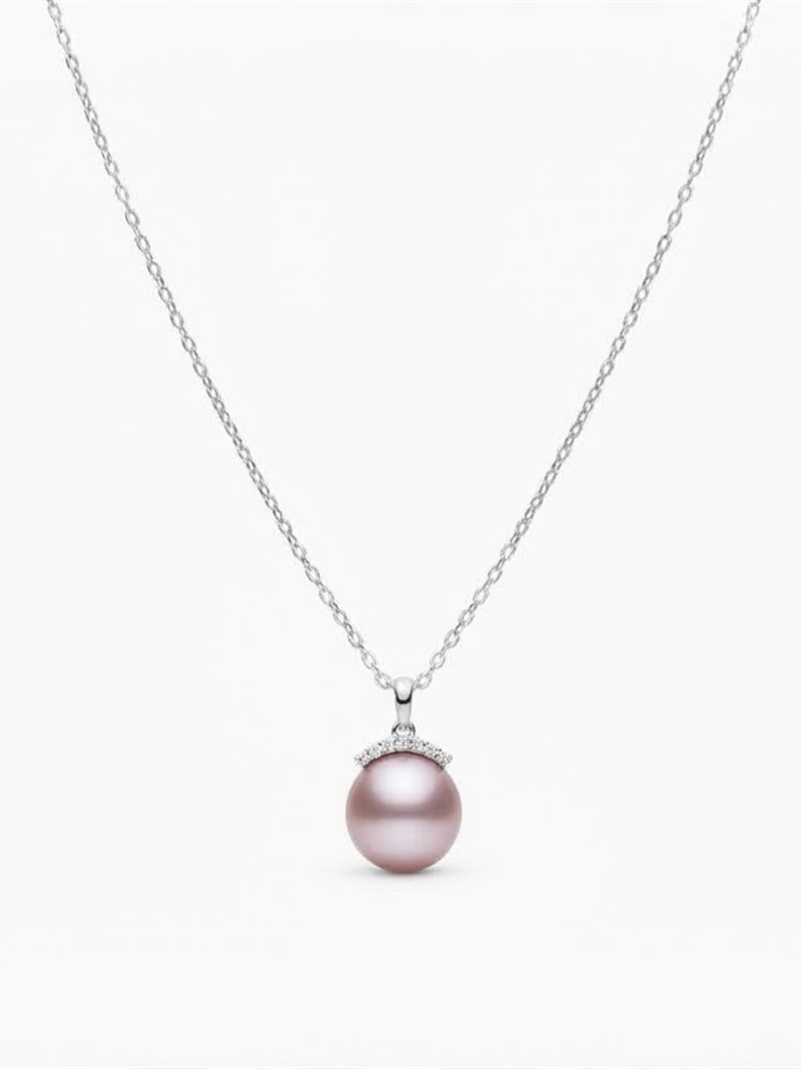 Lavender pearl crown pendant necklace on a 925 silver chain on a white background
