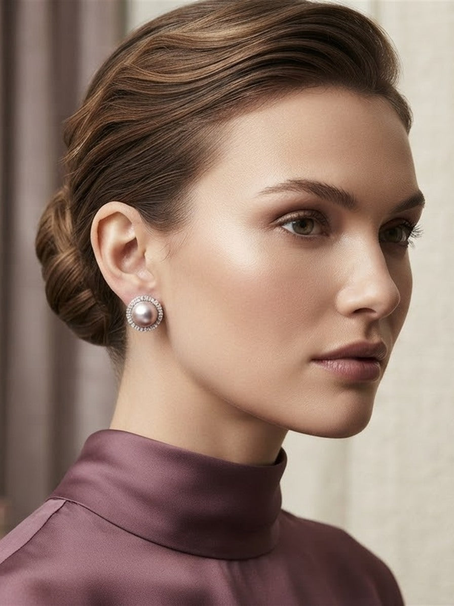 Model wearing lavender pearl halo stud earrings