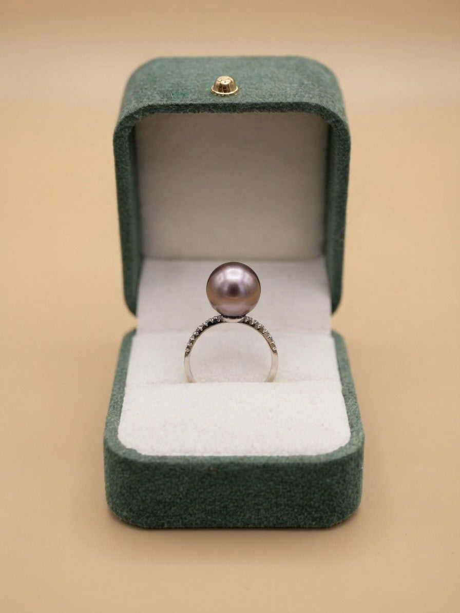 Lavender pearl pavé ring in a green velvet gift box