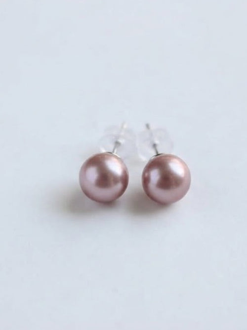 Classic lavender pearl stud earrings on a white background