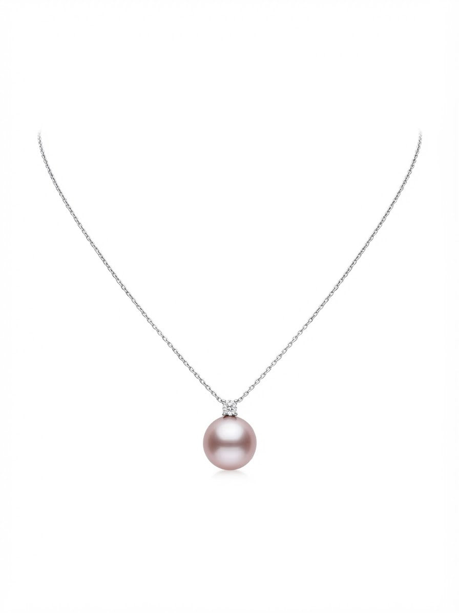 Large lavender pearl pendant with sparkling stone on a silver chain, white background