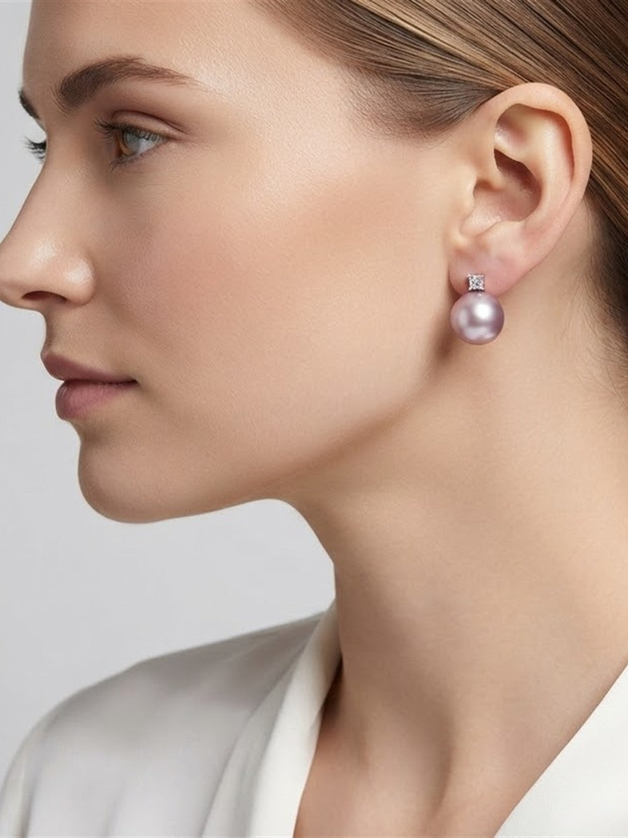 Model wearing a lavender pearl solitaire stud earring