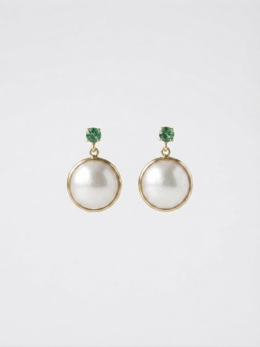 Round mabe pearl drop earrings with emerald studs in 18K gold