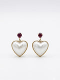 Heart-shaped mabe pearl earrings with Burma ruby studs in 18K gold