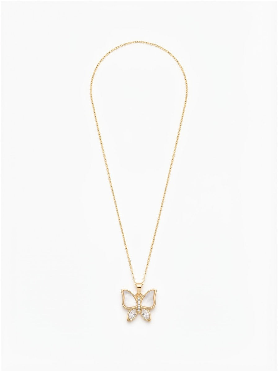 Gold-tone butterfly pendant necklace with pearly white wings and marquise stones