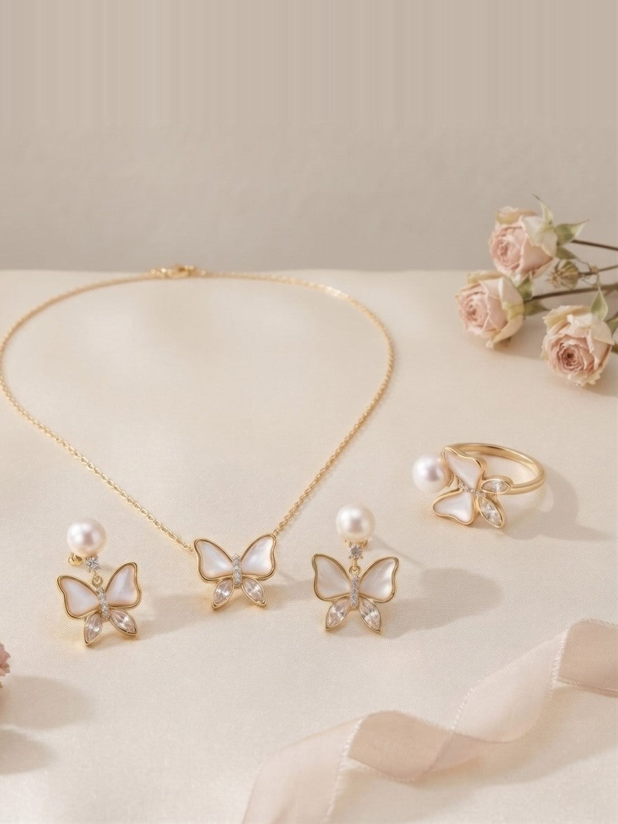 Marquise butterfly freshwater pearl necklace, earrings and ring set in gold-tone stainless steel