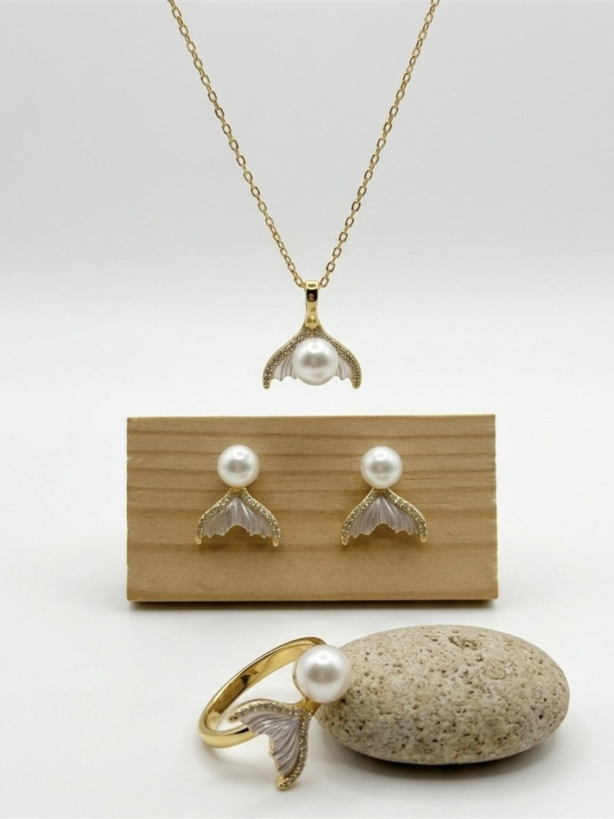 Mermaid tail freshwater pearl set: pendant necklace, stud earrings and open ring