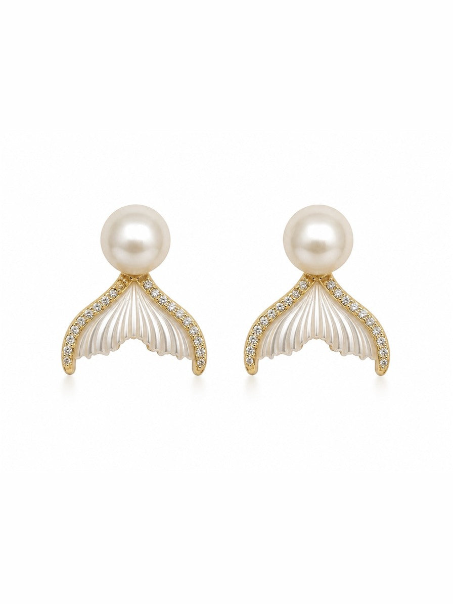 Mermaid tail stud earrings with freshwater pearls, close-up