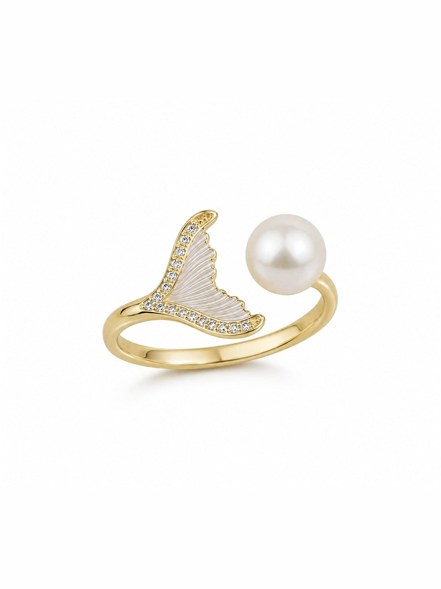 Open ring with a mermaid tail and a freshwater pearl