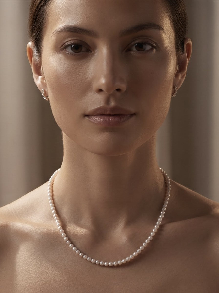 Dainty freshwater pearl necklace worn on the neck
