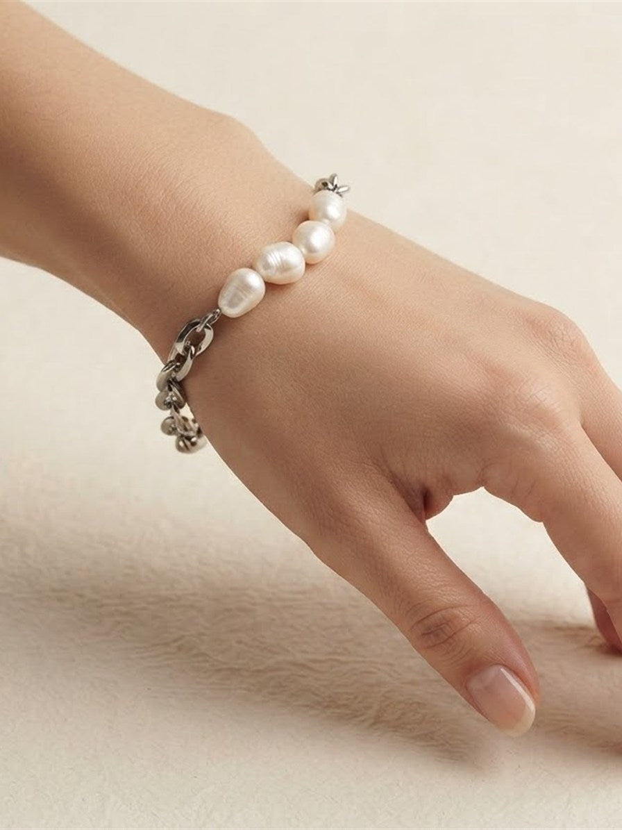 Freshwater pearl chain bracelet worn on the wrist