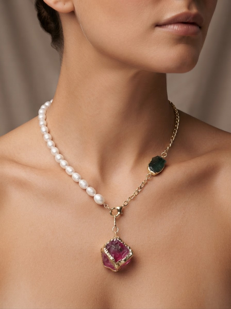 Freshwater pearl and raw stone statement necklace worn on the neck