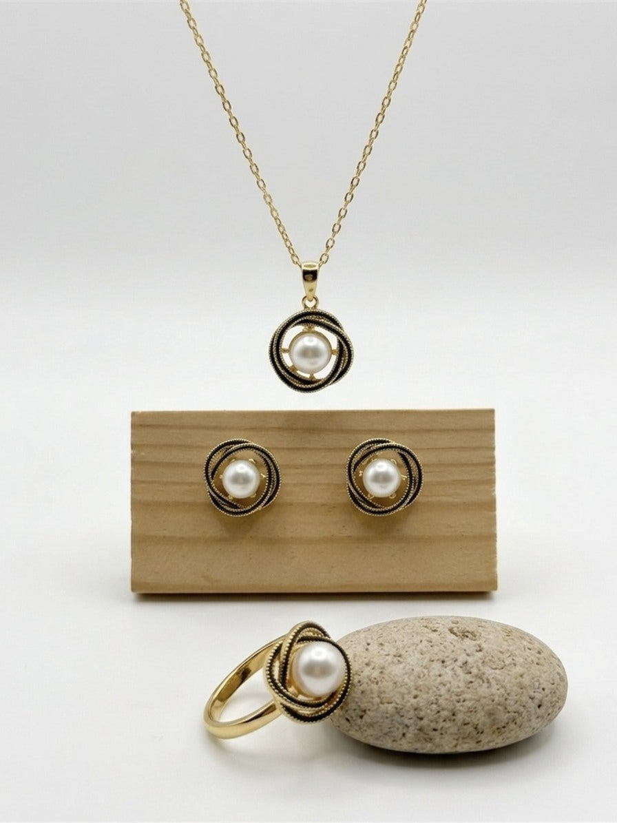 Freshwater pearl love knot set: pendant necklace, stud earrings and ring