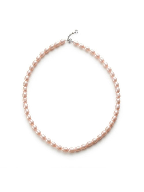 Blush lavender rice pearl necklace with silver clasp on white background