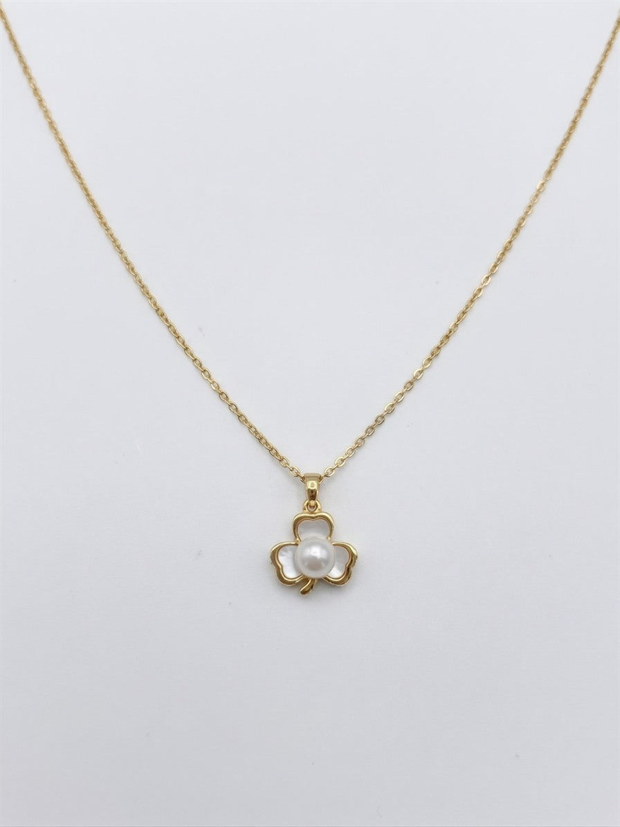 Gold-tone shamrock pendant with a freshwater pearl and pearly white inlay on a fine chain