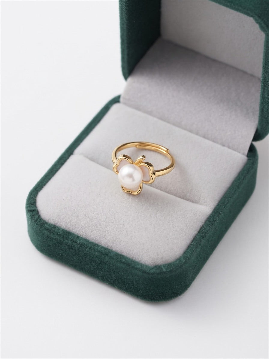 Gold-tone adjustable shamrock ring with a freshwater pearl in a gift box