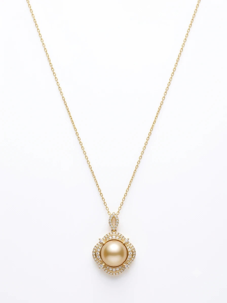Golden South Sea pearl halo pendant on a gold-plated chain